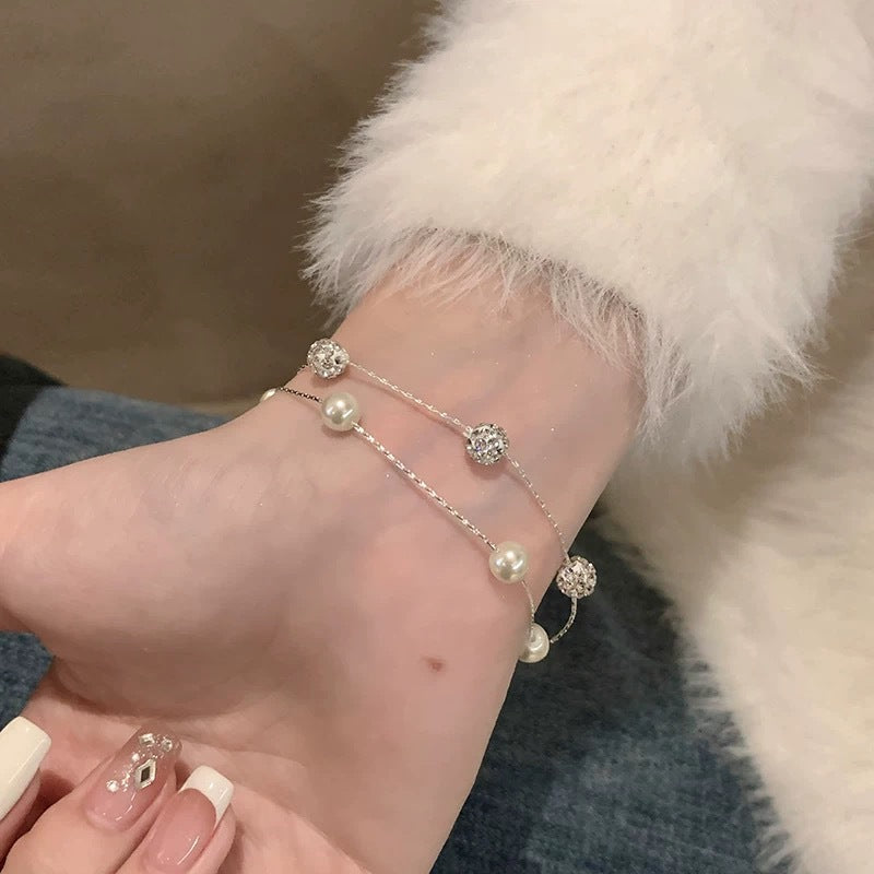 Starry Sky Double - Layer Pearl Bracelet | Sparkling Crystal & Natural Pearl Stackable Design