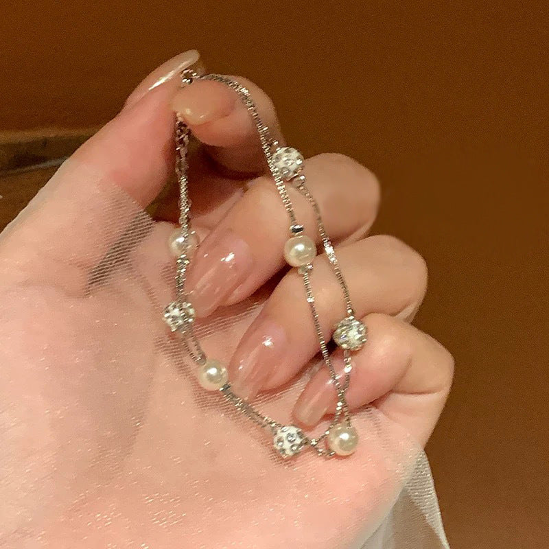 Starry Sky Double - Layer Pearl Bracelet | Sparkling Crystal & Natural Pearl Stackable Design