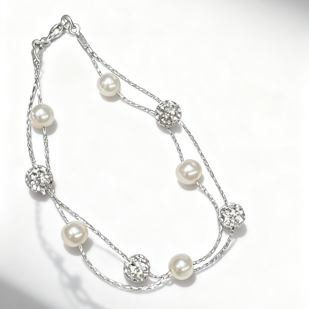 Starry Sky Double - Layer Pearl Bracelet | Sparkling Crystal & Natural Pearl Stackable Design